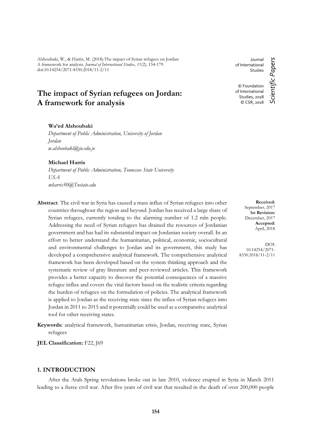 The Impact of Syrian Refugees on Jordan: Journal a Framework for Analysis