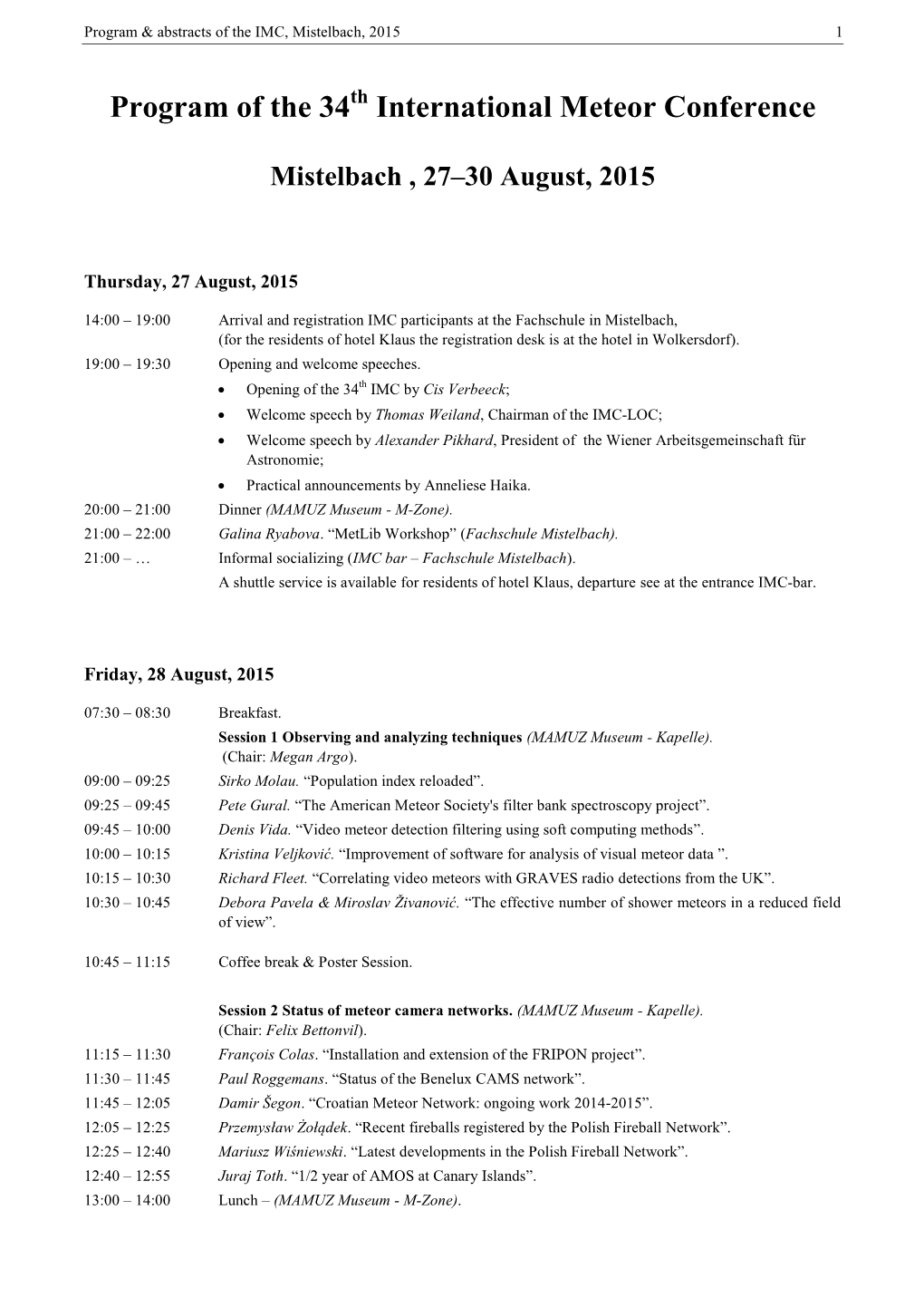 Program of the 34 International Meteor Conference