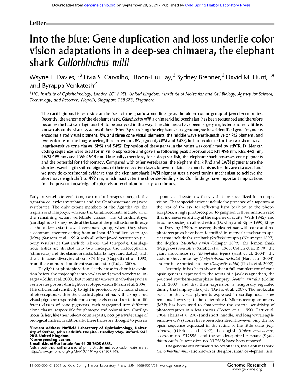 Into the Blue: Gene Duplication and Loss Underlie Color Vision Adaptations in a Deep-Sea Chimaera, the Elephant Shark Callorhinchus Milii