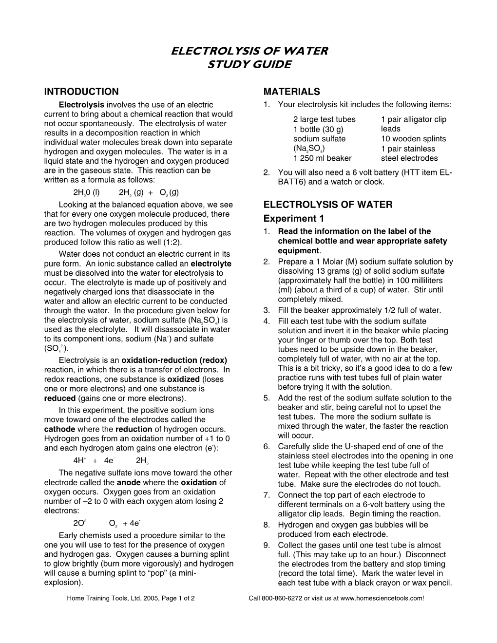 Electrolysis of Water Study Guide