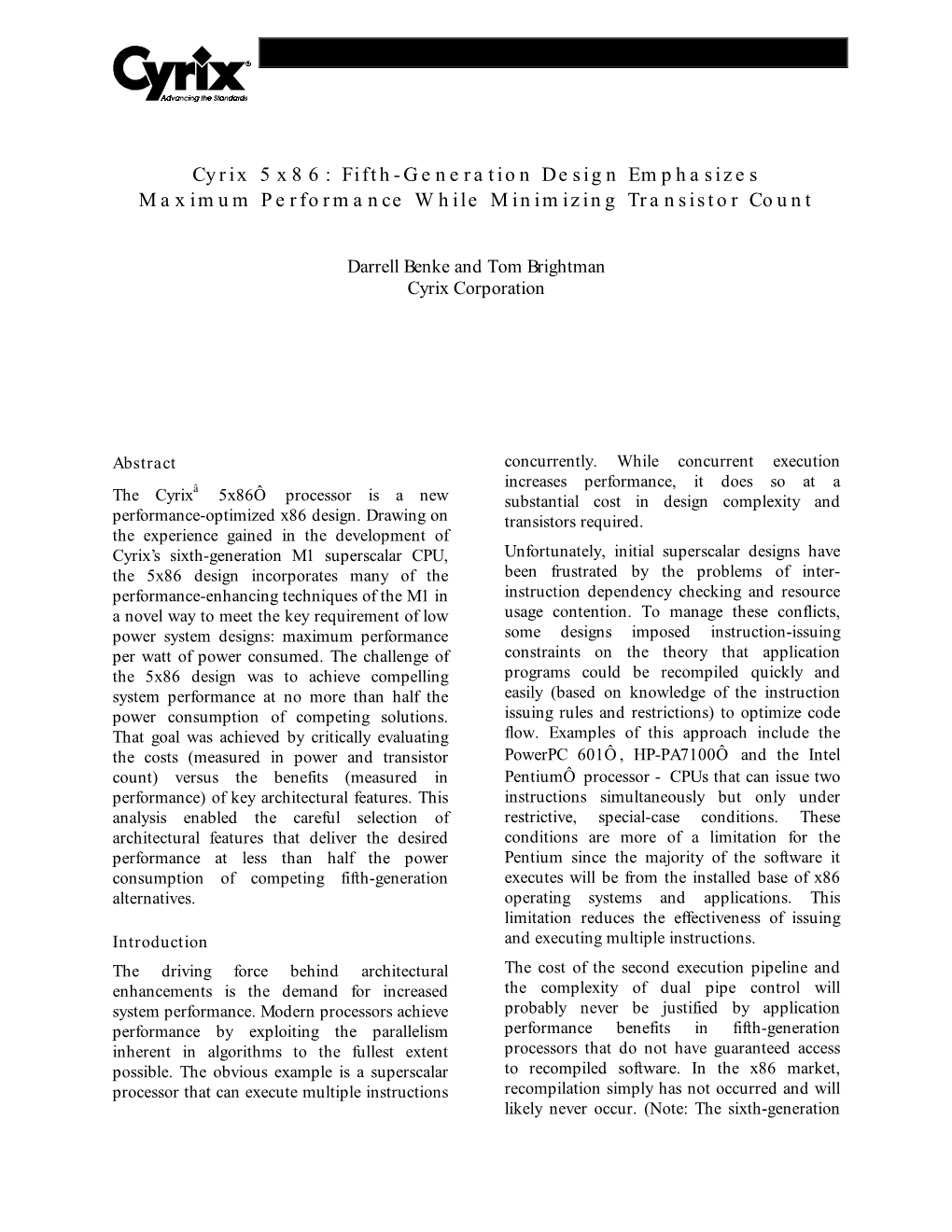 Cyrix 5X86: Fifth-Generation Design Emphasizes Maximum Performance While Minimizing Transistor Count