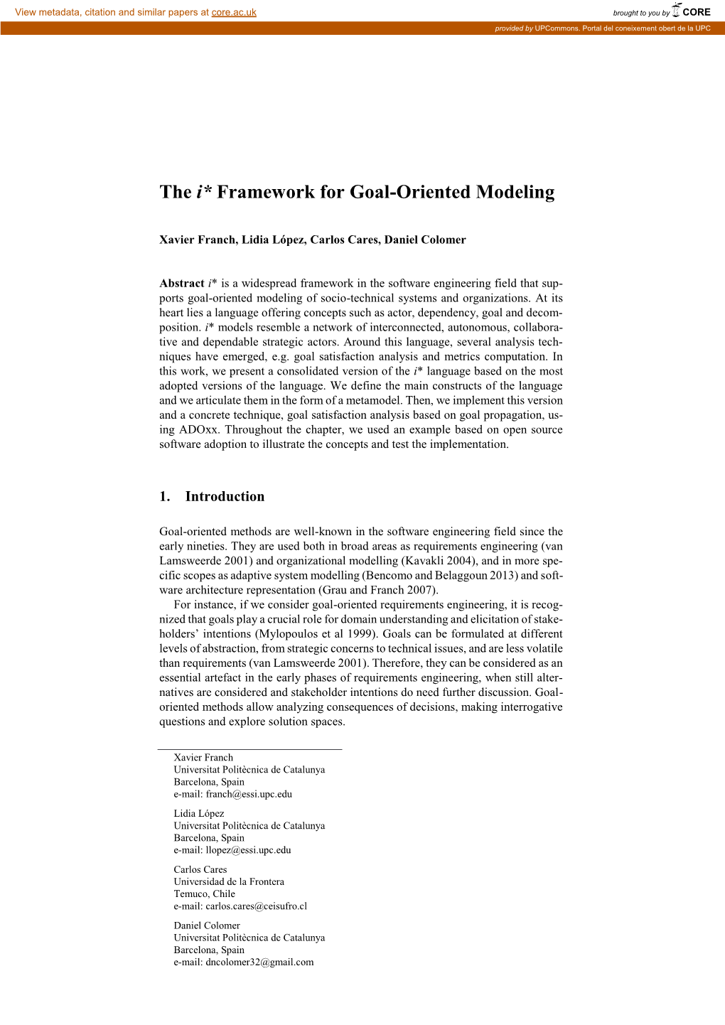 The I* Framework for Goal-Oriented Modeling