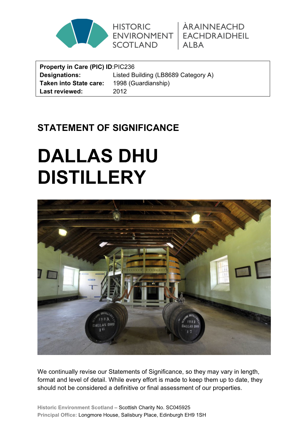 Dallas Dhu Distillery Statement of Significance