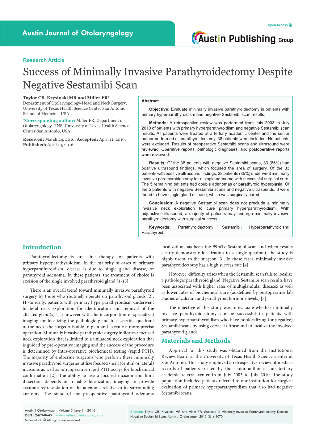 Success of Minimally Invasive Parathyroidectomy Despite Negative Sestamibi Scan