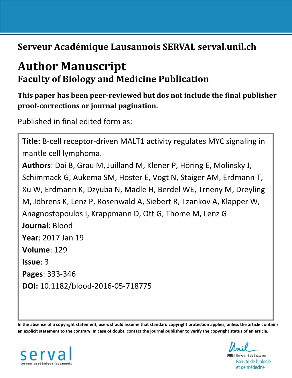 Author Manuscript Faculty of Biology and Medicine Publication