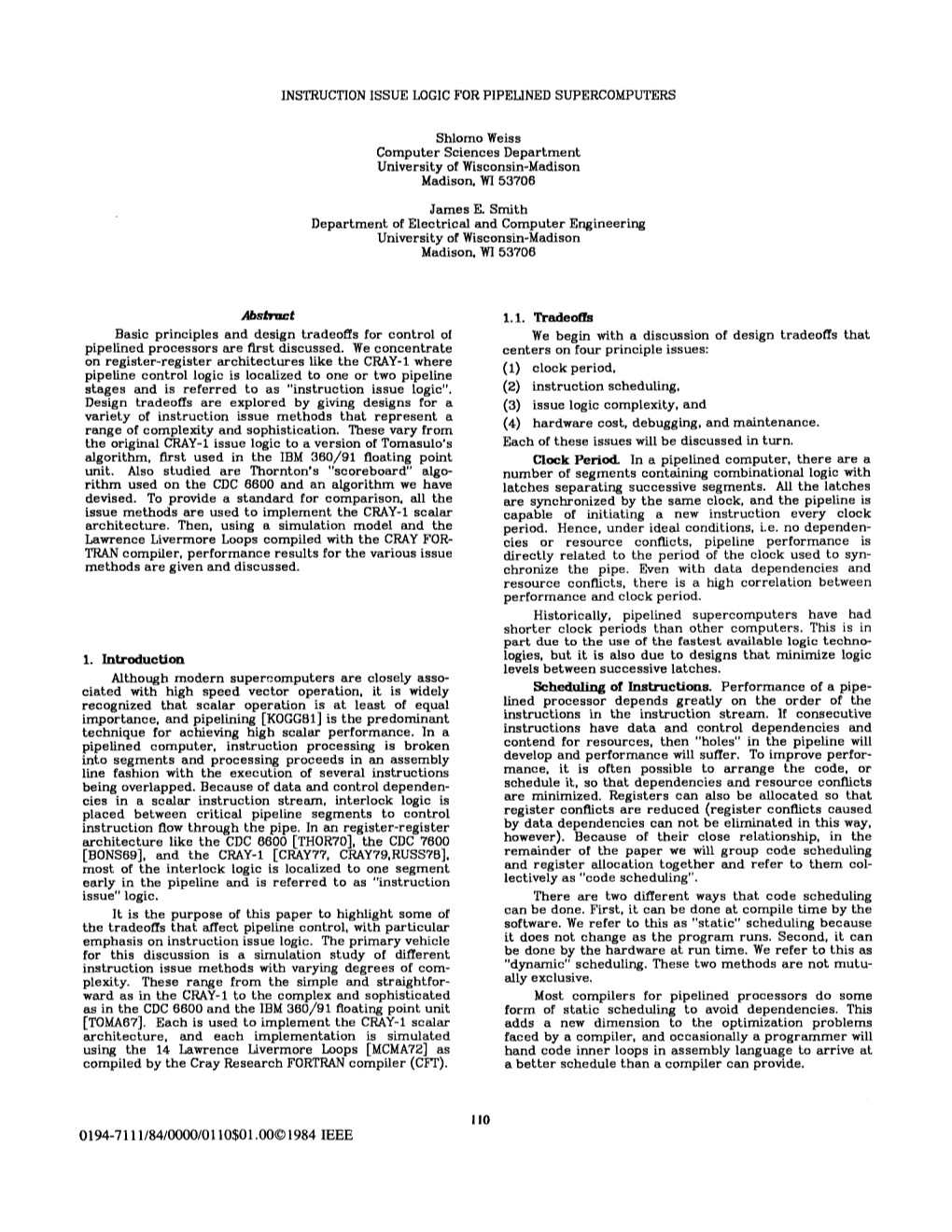 1984, Instruction Issue Logic for Pipelined Supercomputers