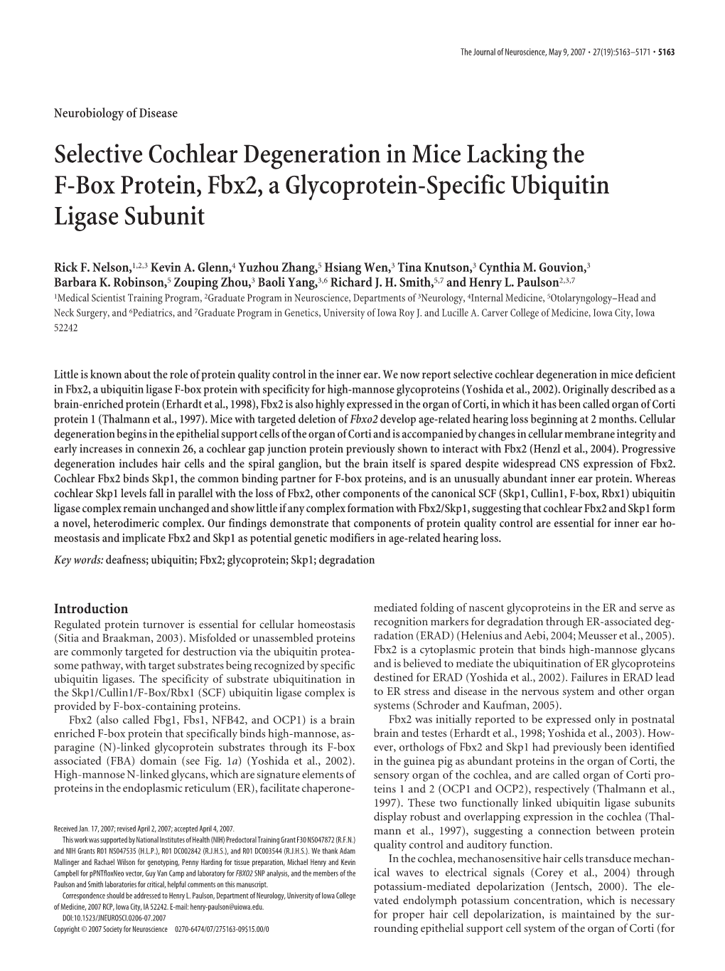 Selective Cochlear Degeneration in Mice Lacking the F-Box Protein, Fbx2, a Glycoprotein-Specific Ubiquitin Ligase Subunit