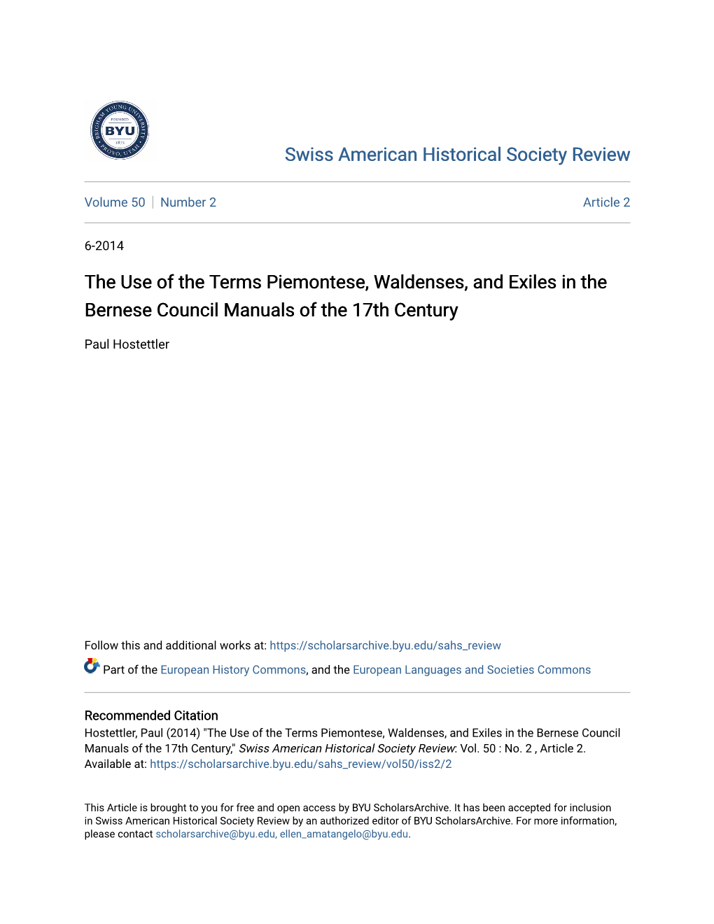 The Use of the Terms Piemontese, Waldenses, and Exiles in the Bernese Council Manuals of the 17Th Century