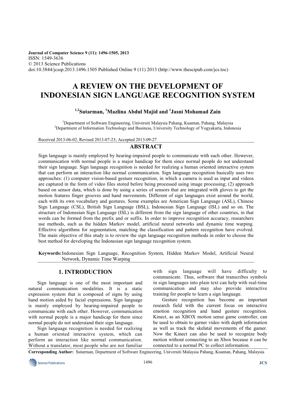 A Review on the Development of Indonesian Sign Language Recognition System