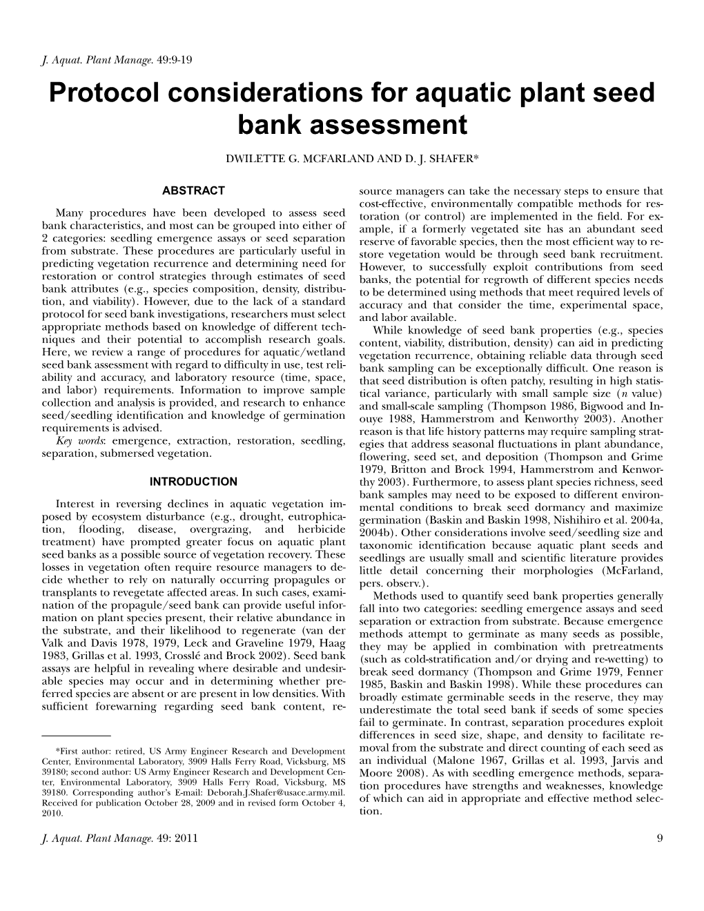 Protocol Considerations for Aquatic Plant Seed Bank Assessment