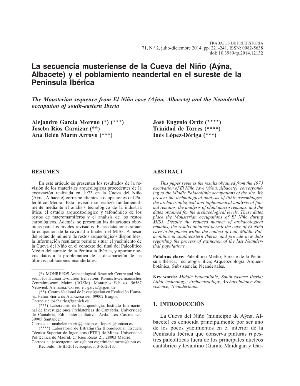 La Secuencia Musteriense De La Cueva Del Niño (Aýna, Albacete) Y El Poblamiento Neandertal En El Sureste De La Península Ibérica