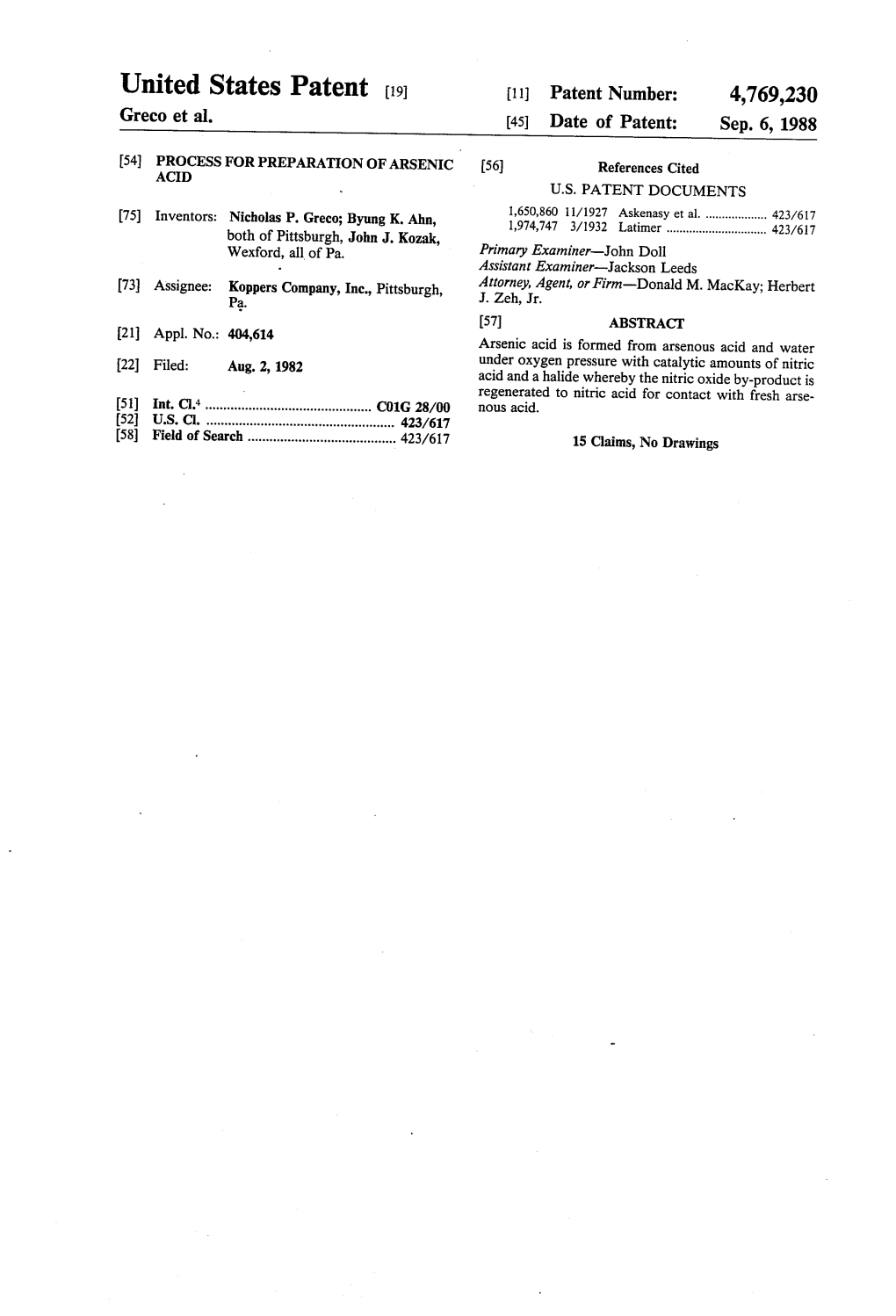 United States Patent (19) 11 Patent Number: 4,769,230 Greco Et Al