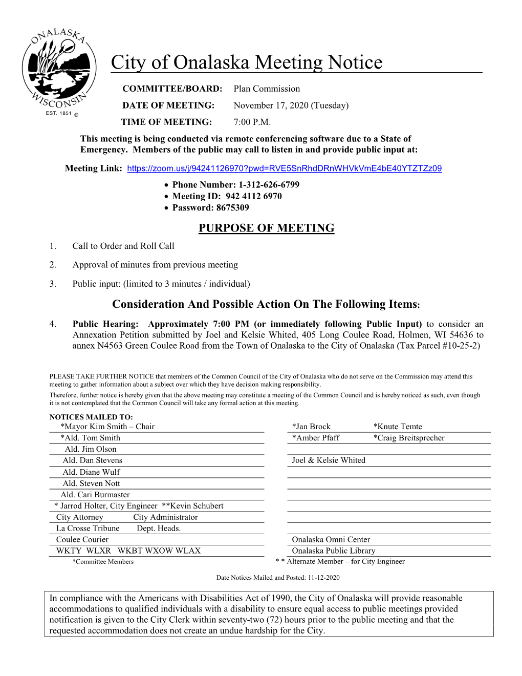 City of Onalaska Meeting Notice