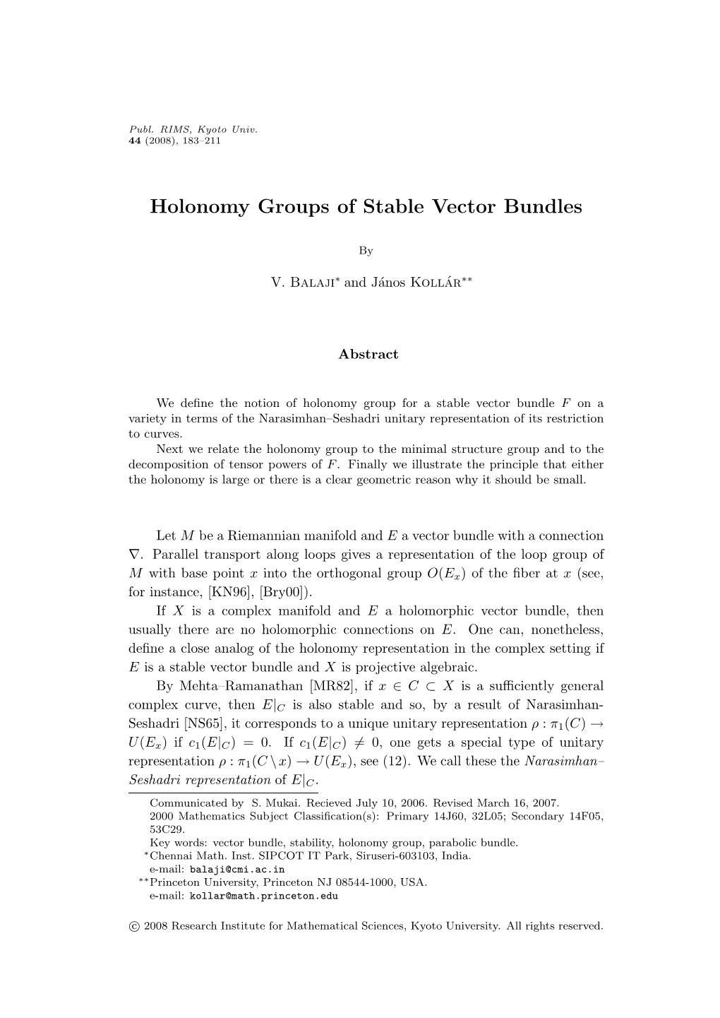 Holonomy Groups of Stable Vector Bundles