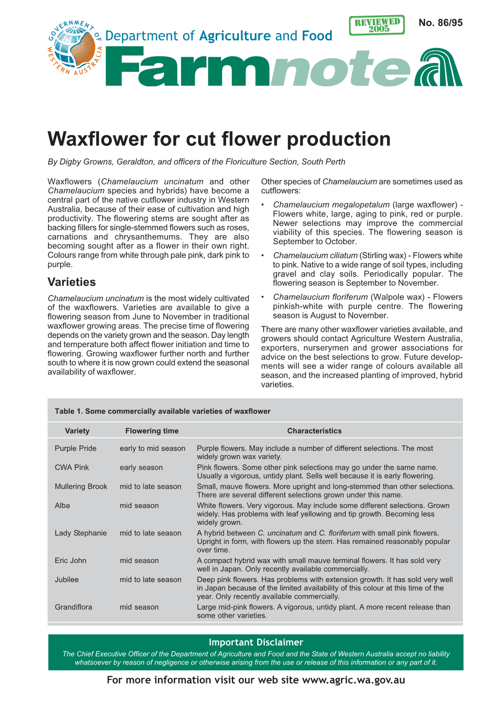 Farmnote 86/95 : Waxflower for Cut Flower Production [WA AGRIC]