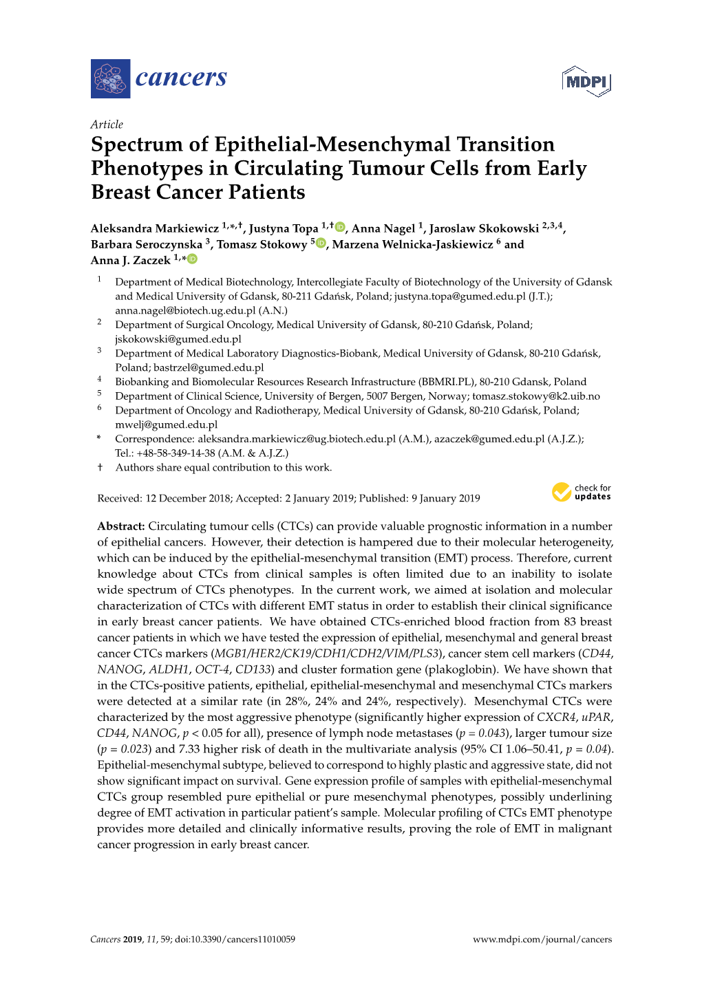 Spectrum of Epithelial-Mesenchymal Transition Phenotypes in Circulating Tumour Cells from Early Breast Cancer Patients