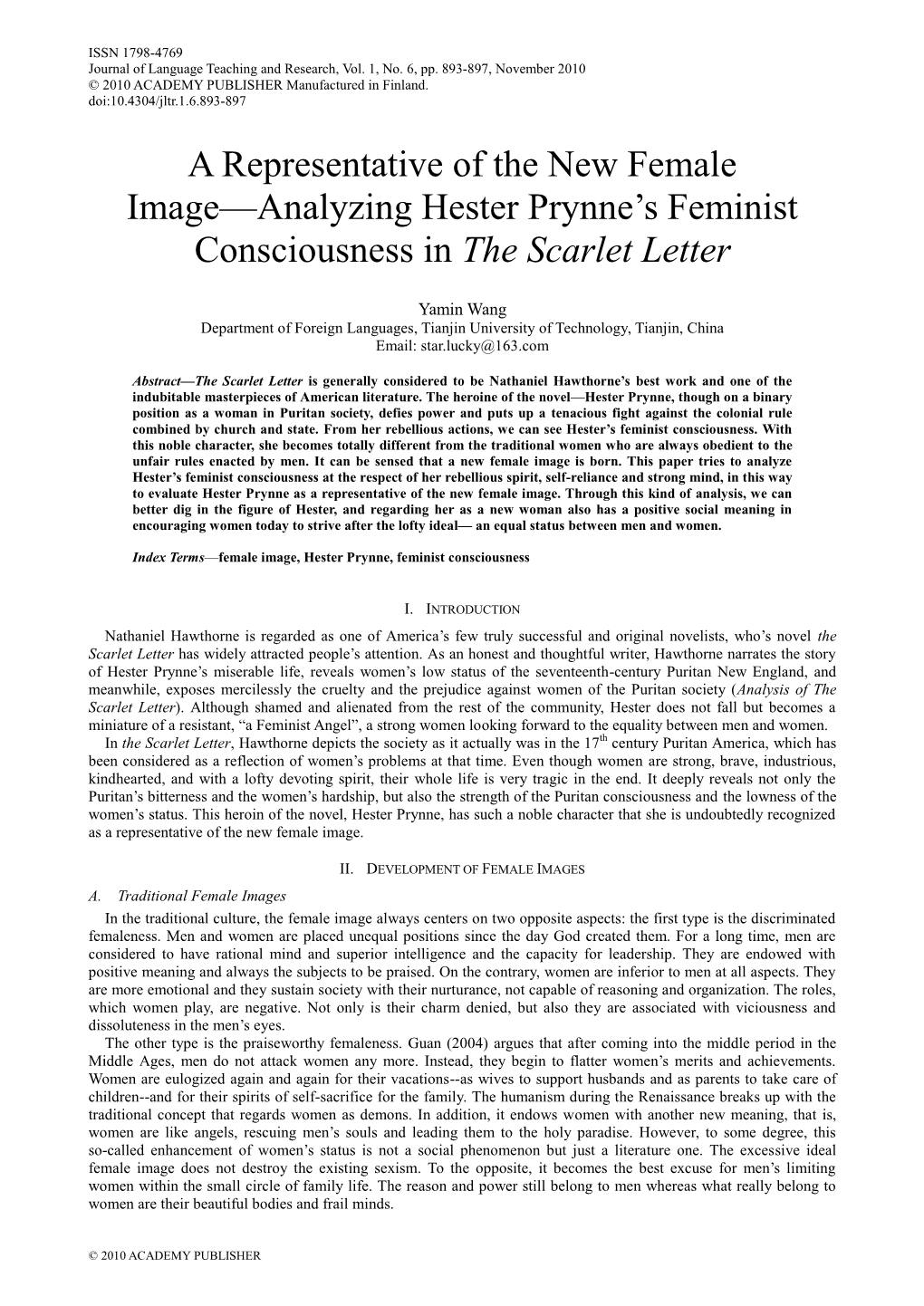 A Representative of the New Female Image—Analyzing Hester Prynne's