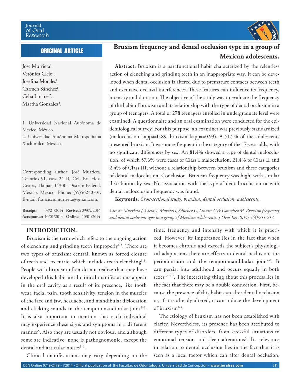 Bruxism Frequency and Dental Occlusion Type in a Group of ORIGINAL ARTICLE Mexican Adolescents