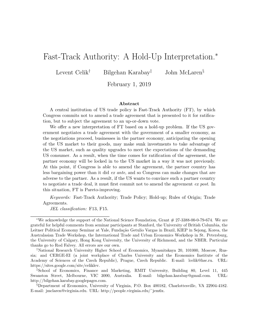 Fast-Track Authority: a Hold-Up Interpretation.⇤