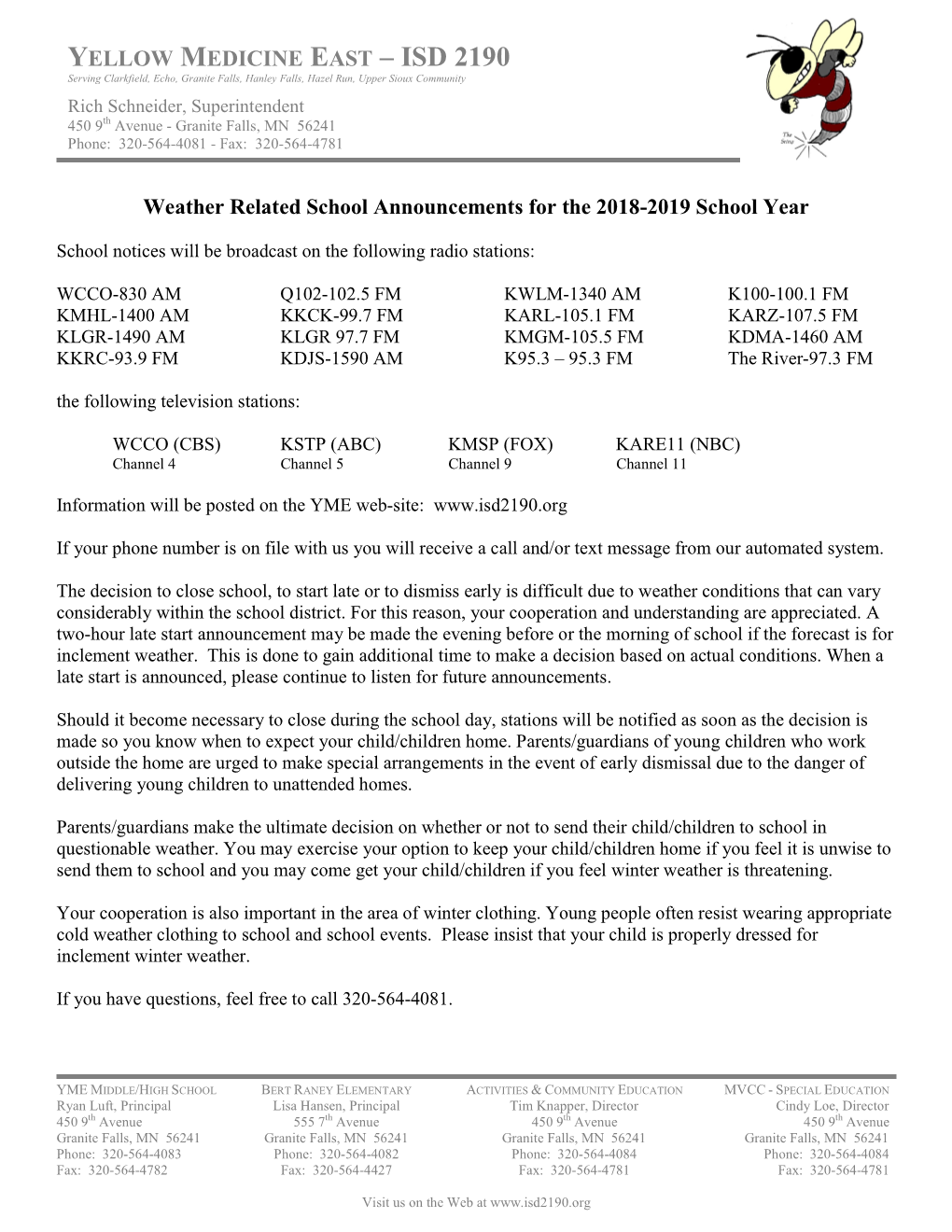 ISD 2190 Serving Clarkfield, Echo, Granite Falls, Hanley Falls, Hazel Run, Upper Sioux Community