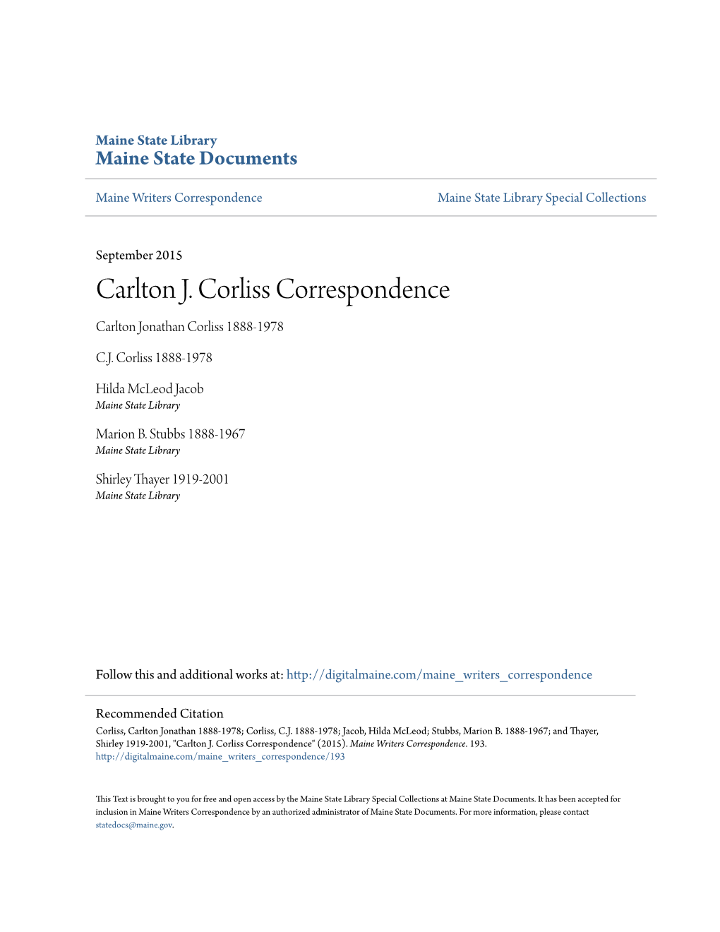 Carlton J. Corliss Correspondence Carlton Jonathan Corliss 1888-1978