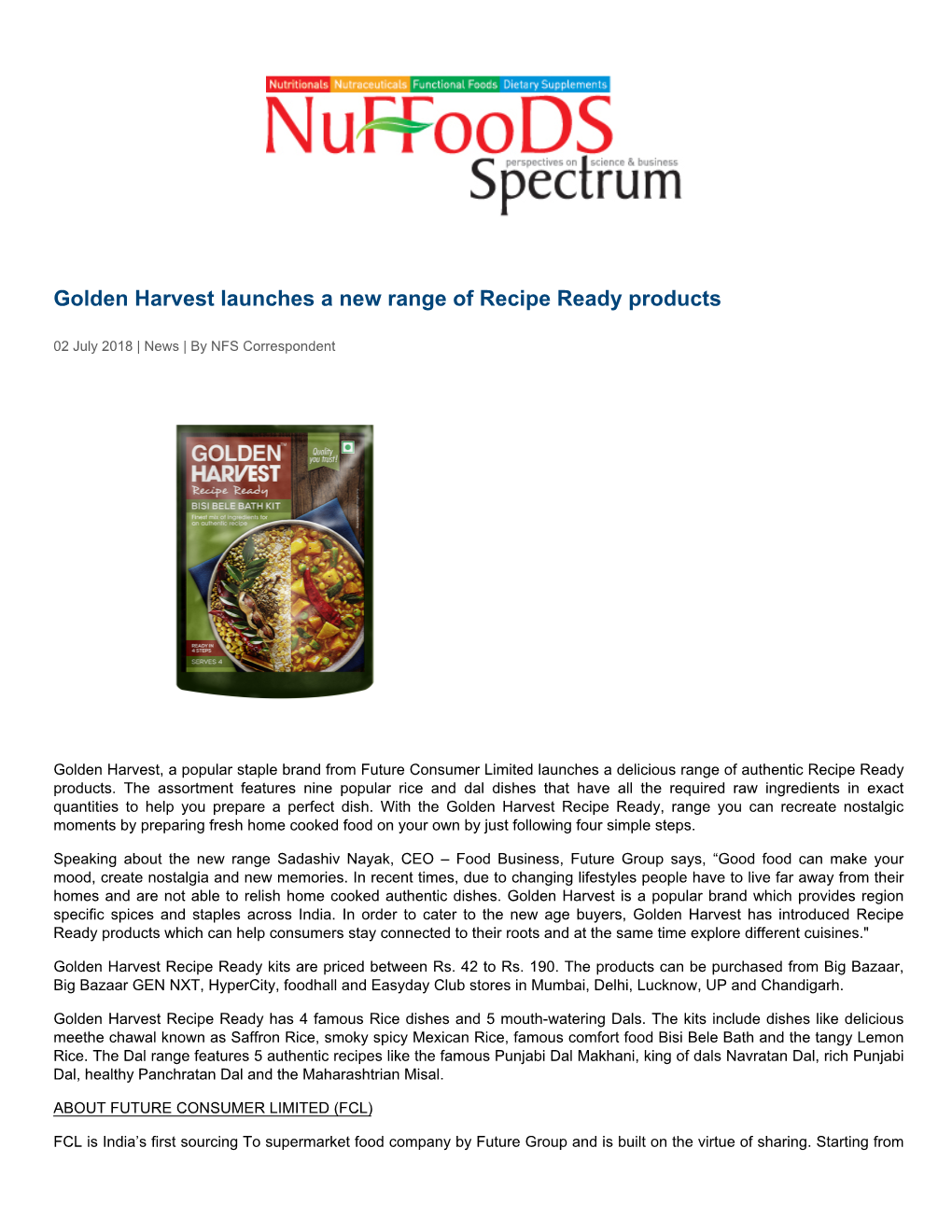 Golden Harvest Launches a New Range of Recipe Ready Products