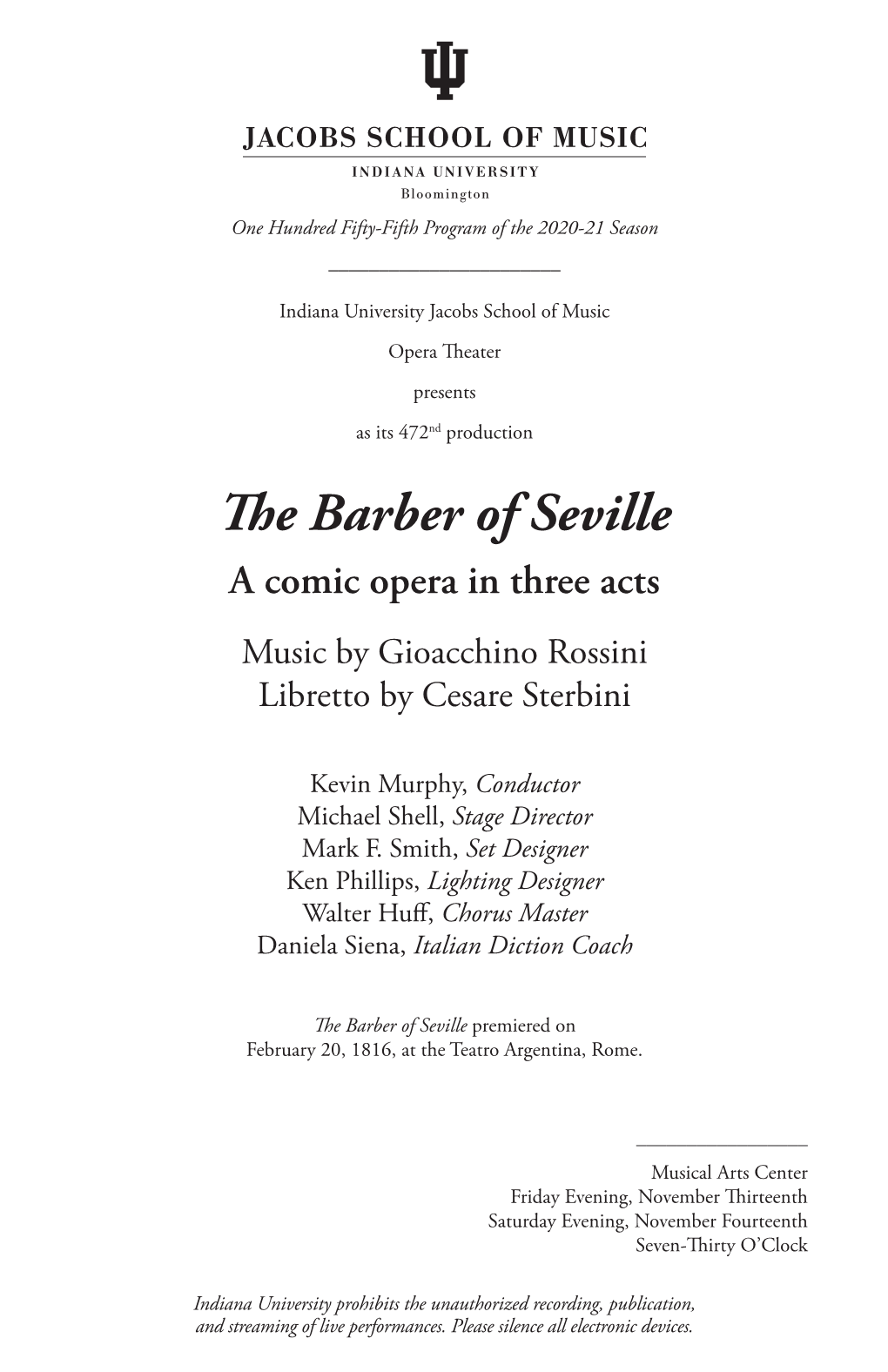 IU Opera Theater Program for Gioacchino Rossini's the Barber of Seville (2020)