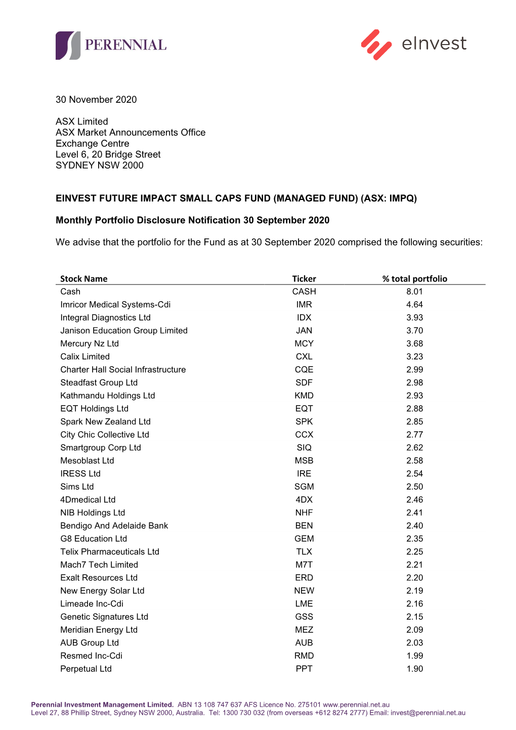 30 November 2020 ASX Limited ASX Market Announcements Office