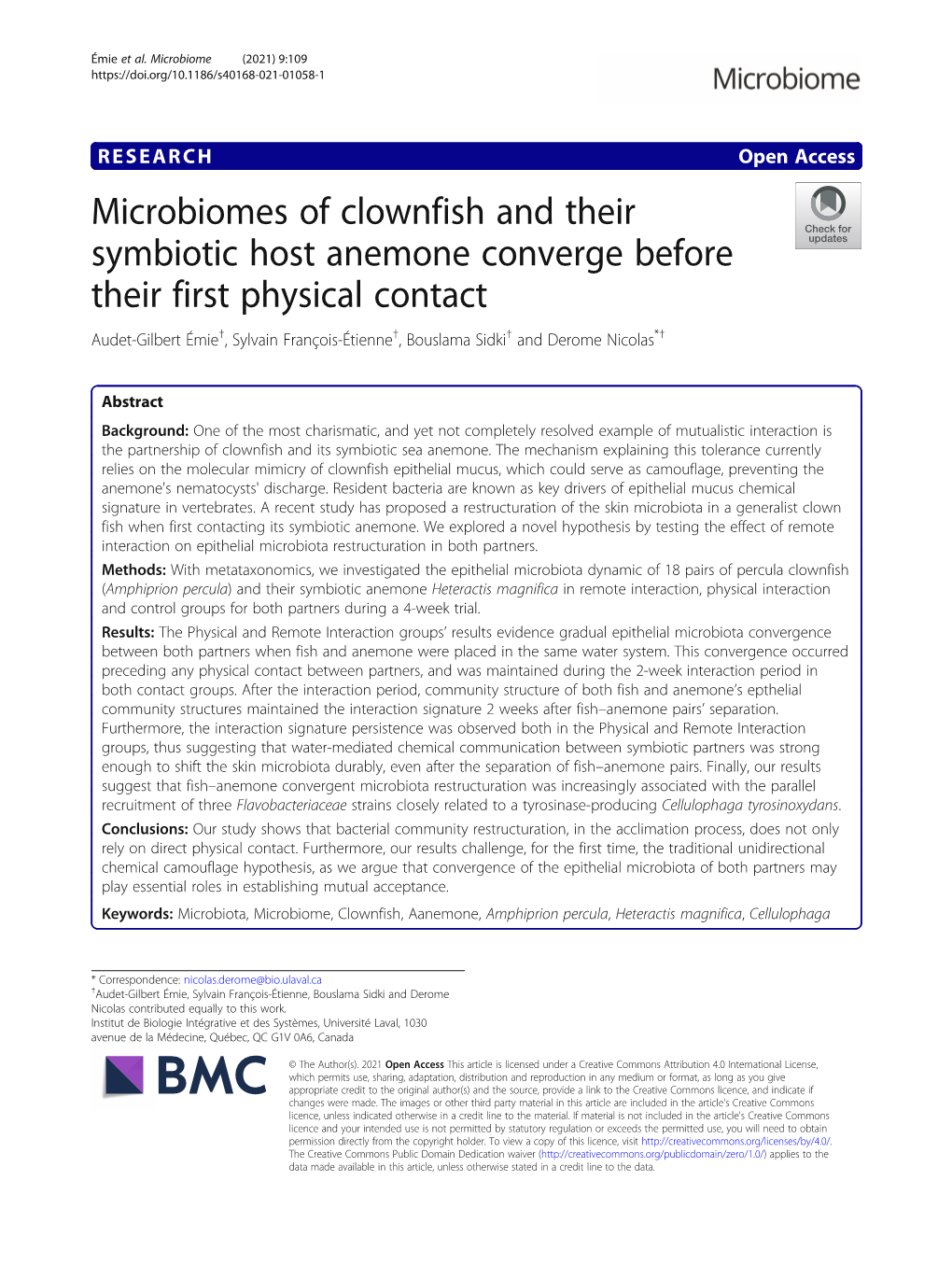 Microbiomes of Clownfish and Their Symbiotic Host Anemone Converge