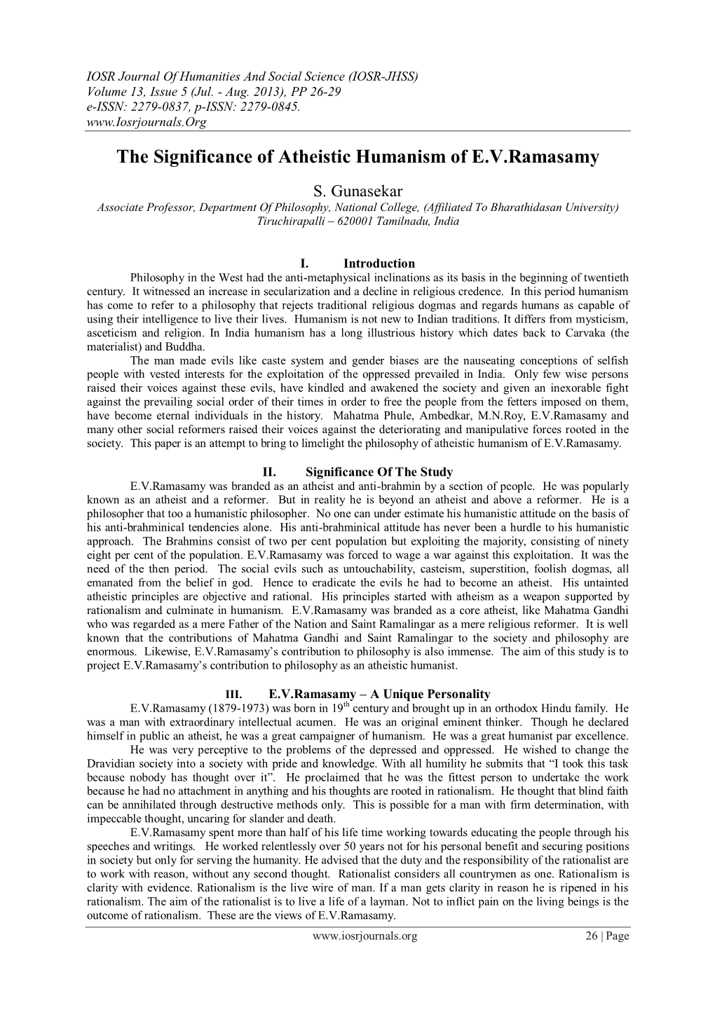 The Significance of Atheistic Humanism of E.V.Ramasamy