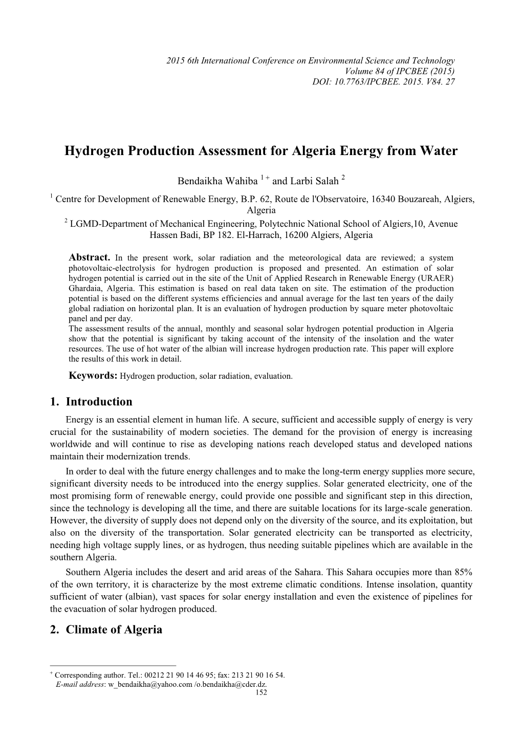 Hydrogen Production Assessment for Algeria Energy from Water