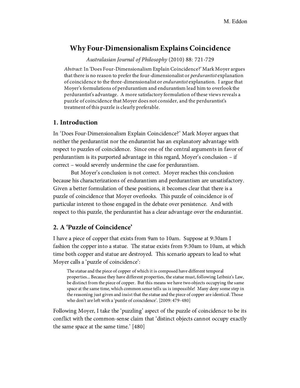 Why Four-Dimensionalism Explains Coincidence