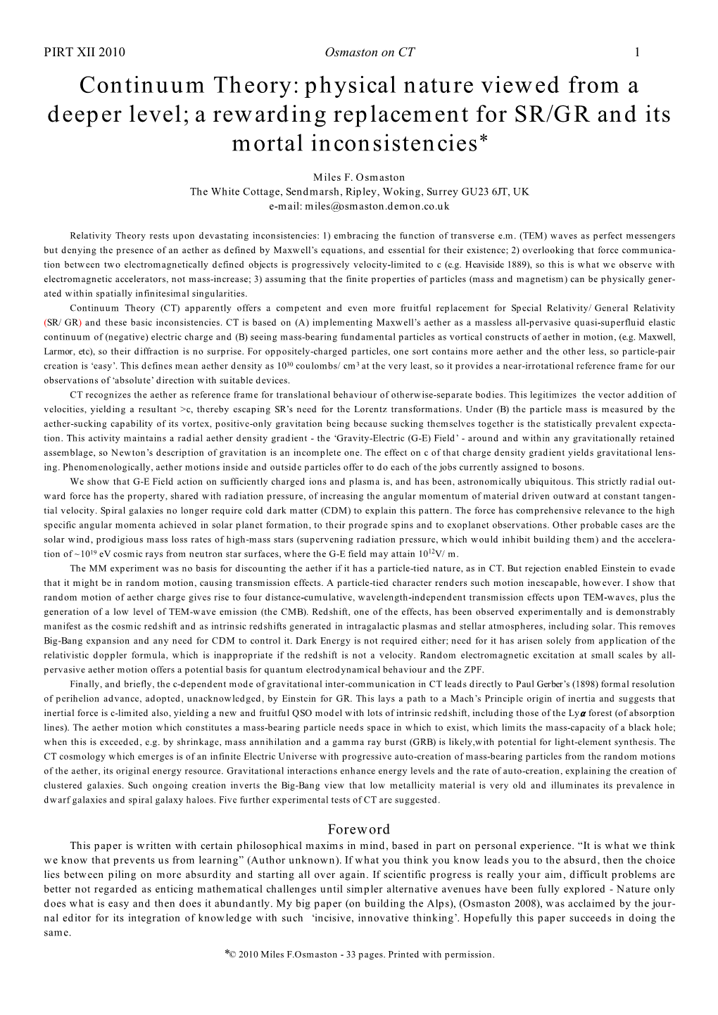 Continuum Theory: Physical Nature Viewed from a Deeper Level; a Rewarding Replacement for SR/GR and Its Mortal Inconsistencies*