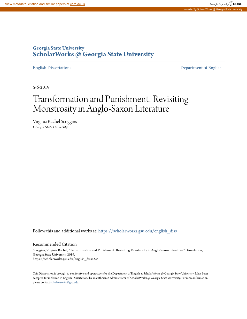 Revisiting Monstrosity in Anglo-Saxon Literature Virginia Rachel Scoggins Georgia State University
