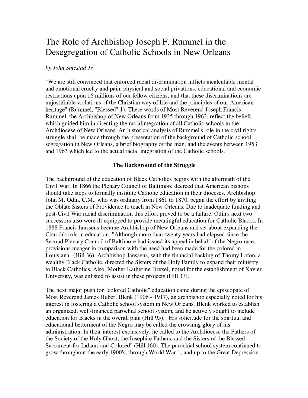 The Role of Archbishop Joseph F. Rummel in the Desegregation of Catholic Schools in New Orleans by John Smestad Jr