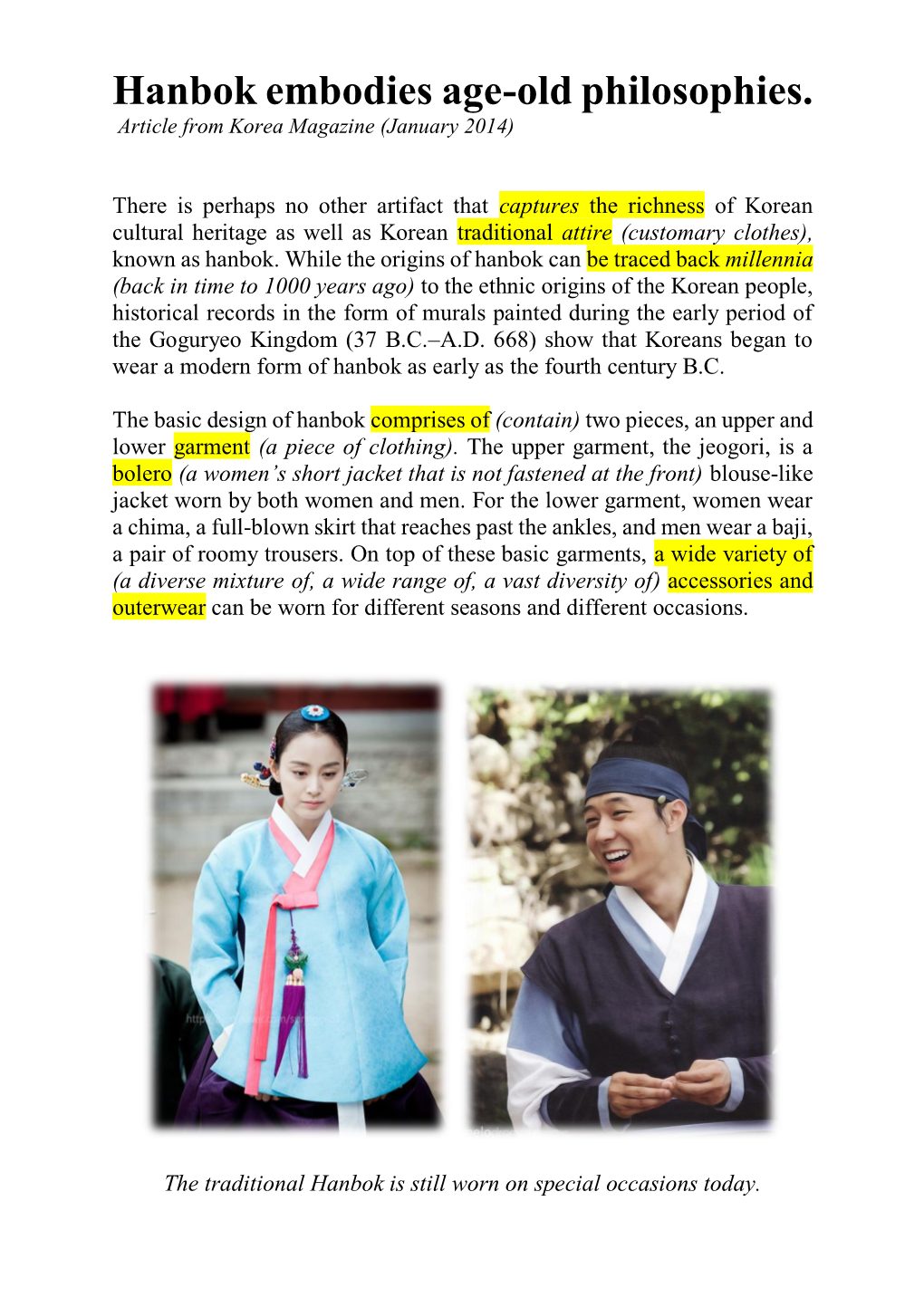 Hanbok Embodies Age-Old Philosophies. Article from Korea Magazine (January 2014)