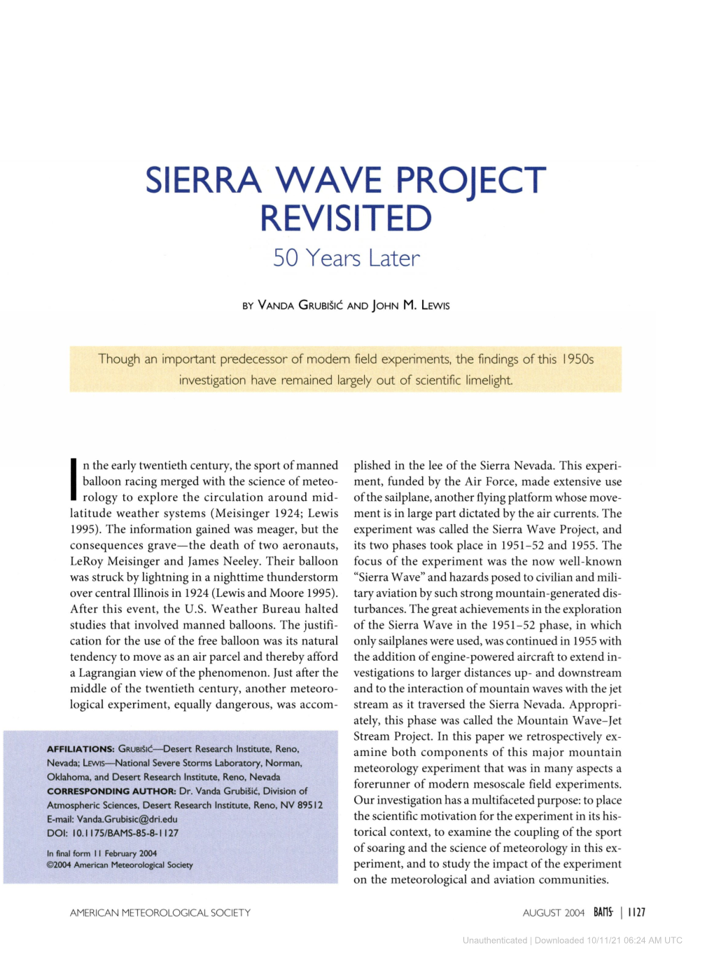 SIERRA WAVE PROJECT REVISITED 50 Years Later