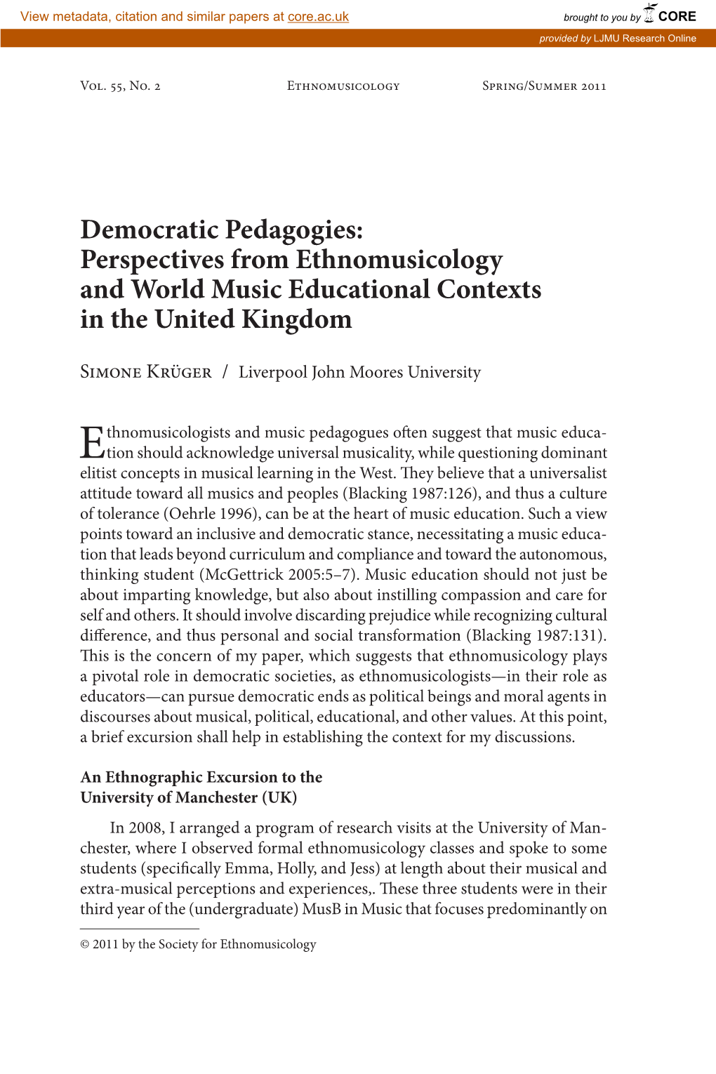 Perspectives from Ethnomusicology and World Music Educational Contexts in the United Kingdom