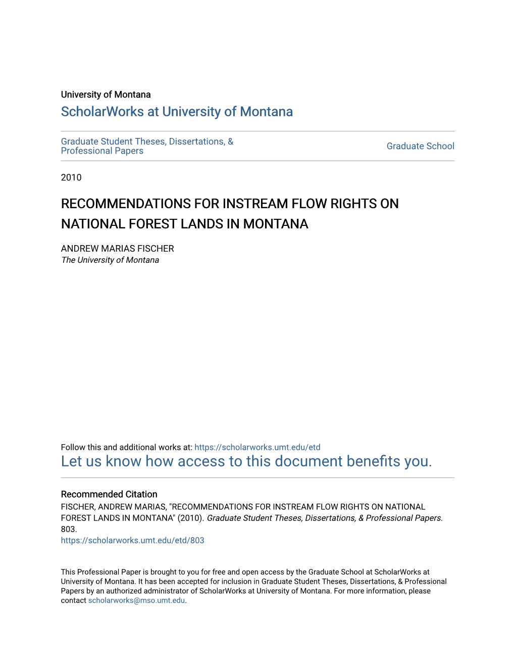 Recommendations for Instream Flow Rights on National Forest Lands in Montana