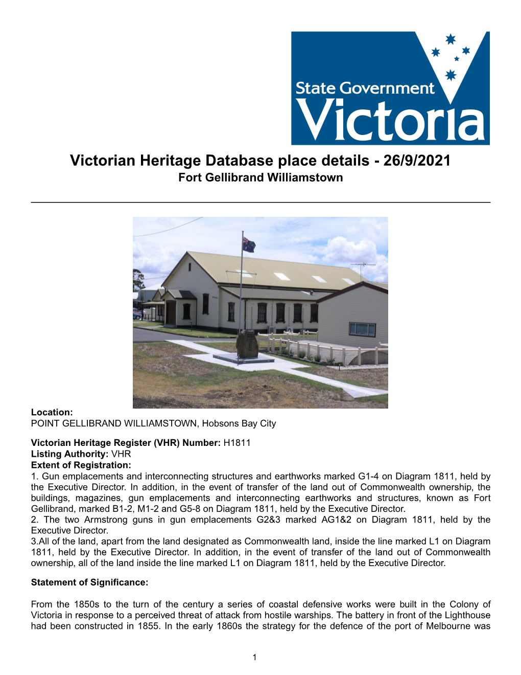 Victorian Heritage Database Place Details - 26/9/2021 Fort Gellibrand Williamstown