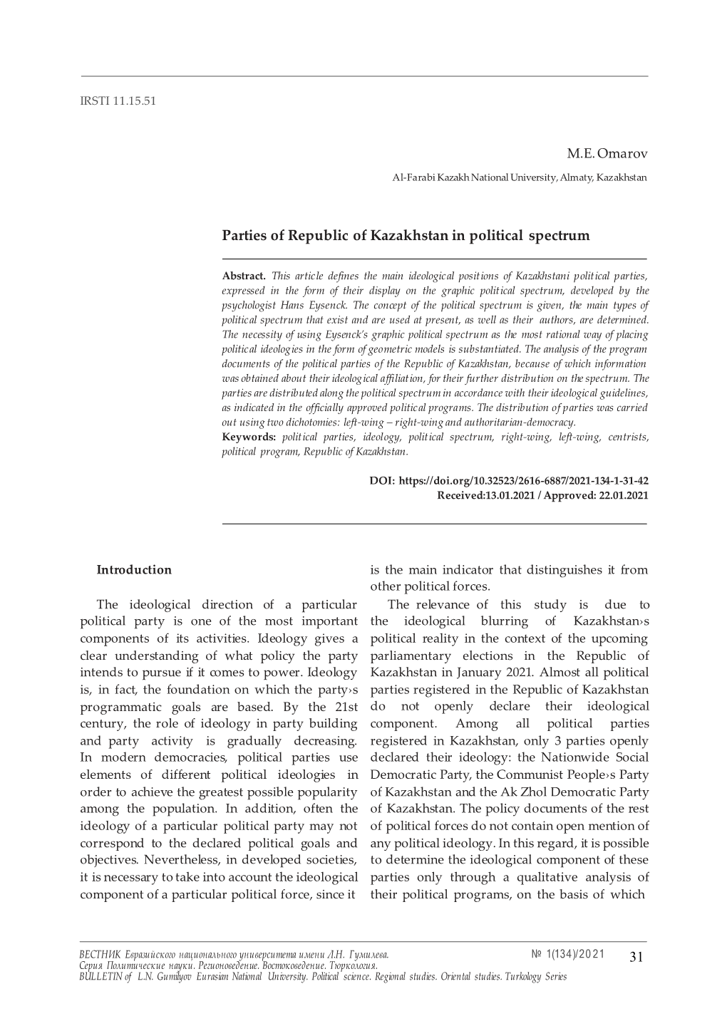 31 Parties of Republic of Kazakhstan in Political Spectrum