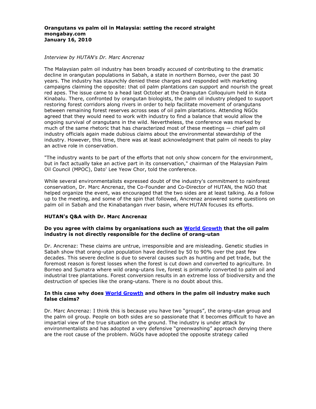 Orangutans Vs Palm Oil in Malaysia: Setting the Record Straight Mongabay.Com January 16, 2010