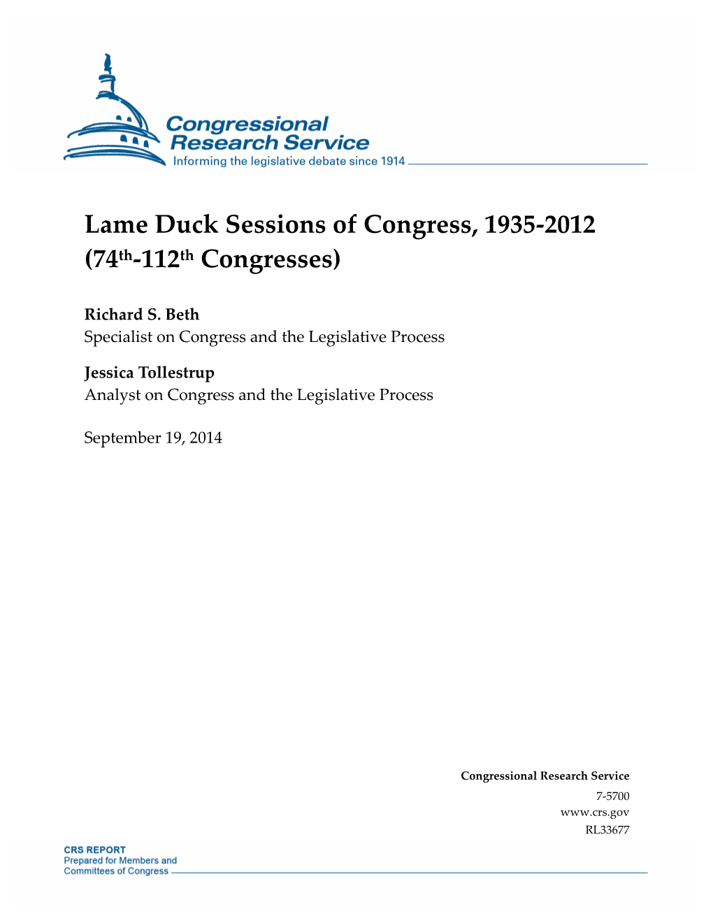 Lame Duck Sessions of Congress, 1935-2012 (74Th-112Th Congresses)