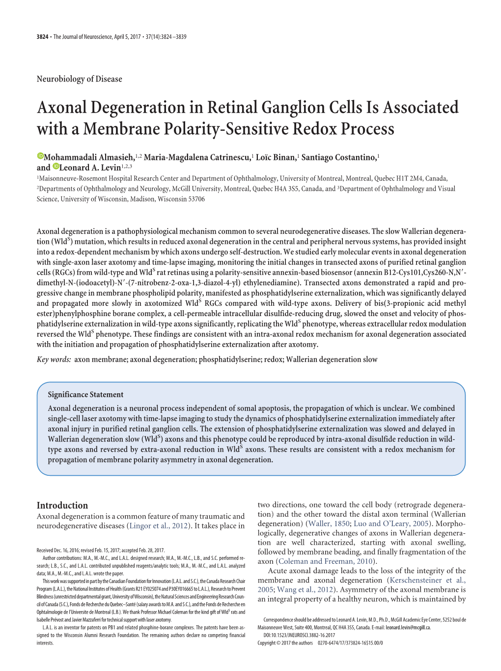 Axonal Degeneration in Retinal Ganglion Cells Is Associated with a Membrane Polarity-Sensitive Redox Process