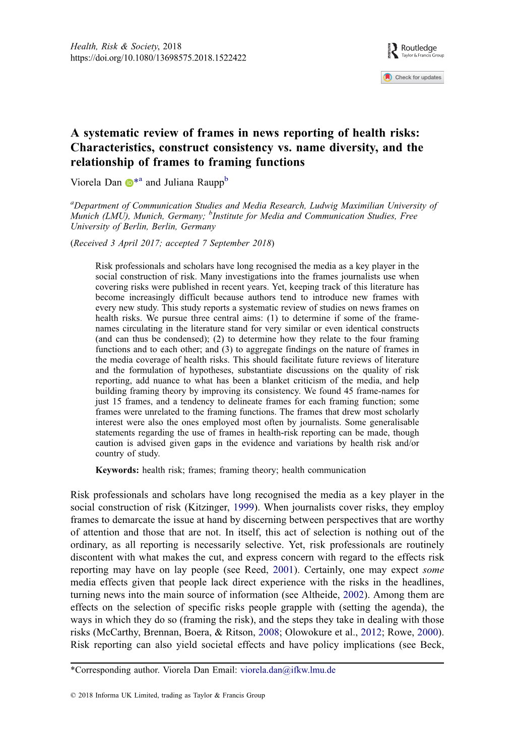 A Systematic Review of Frames in News Reporting of Health Risks: Characteristics, Construct Consistency Vs