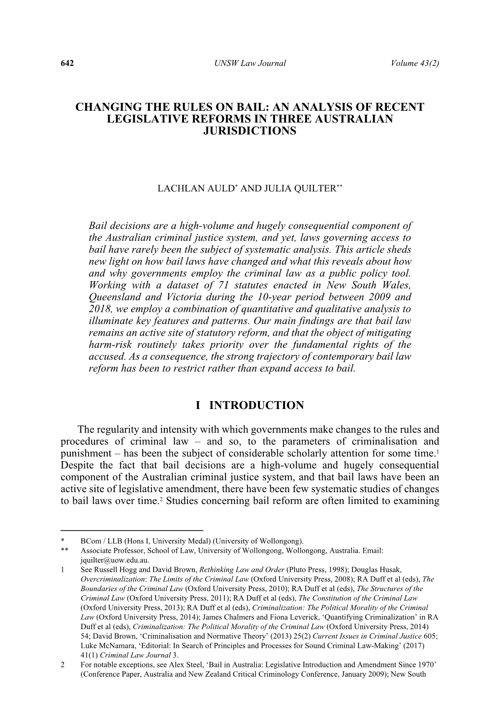 Changing the Rules on Bail: an Analysis of Recent Legislative Reforms in Three Australian Jurisdictions