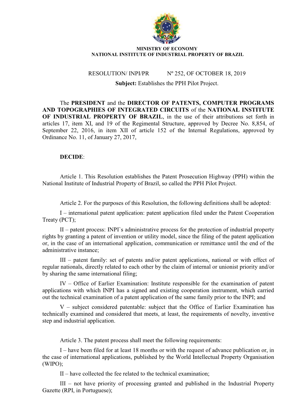 INPI Brazil Resolution 252 of 2019 Establishing a PPH Pilot Project