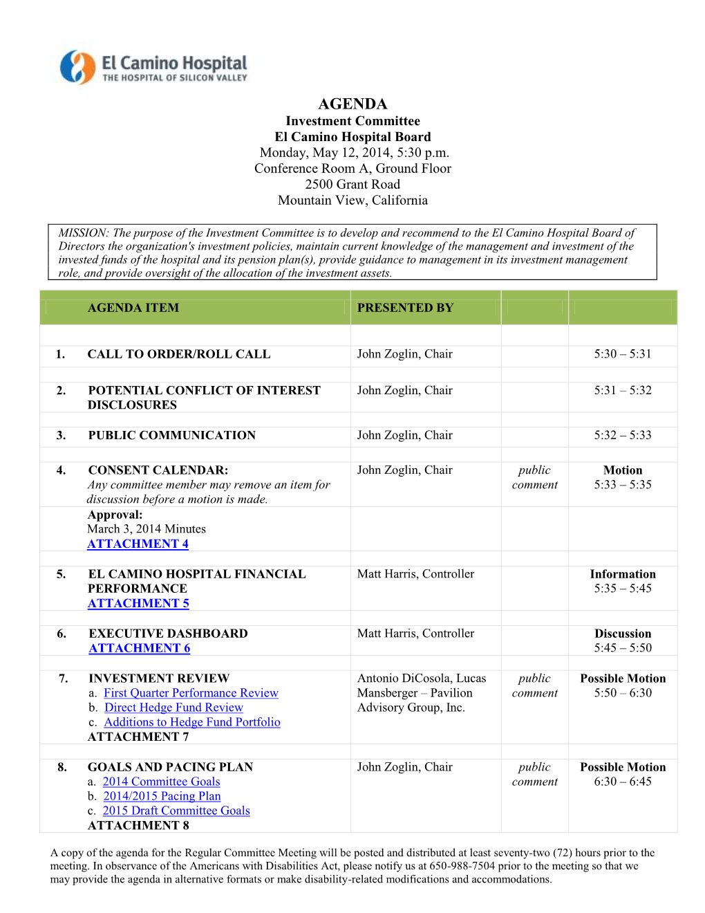 El Camino Hospital Board Monday, May 12, 2014, 5:30 P.M