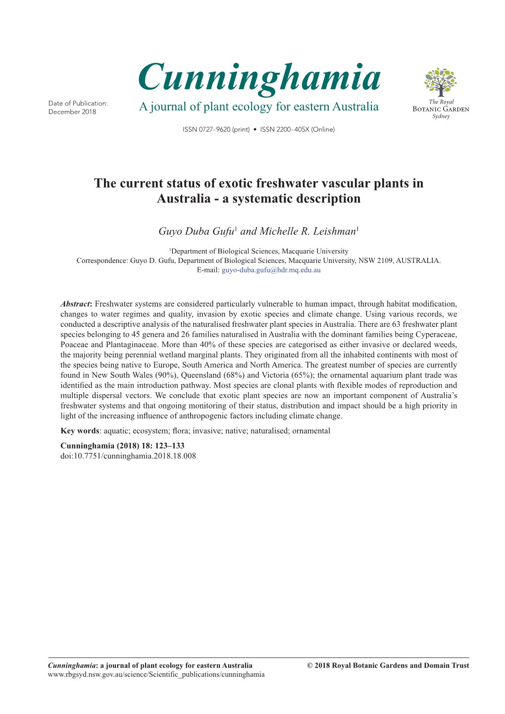 Cunninghamia Date of Publication: December 2018 a Journal of Plant Ecology for Eastern Australia