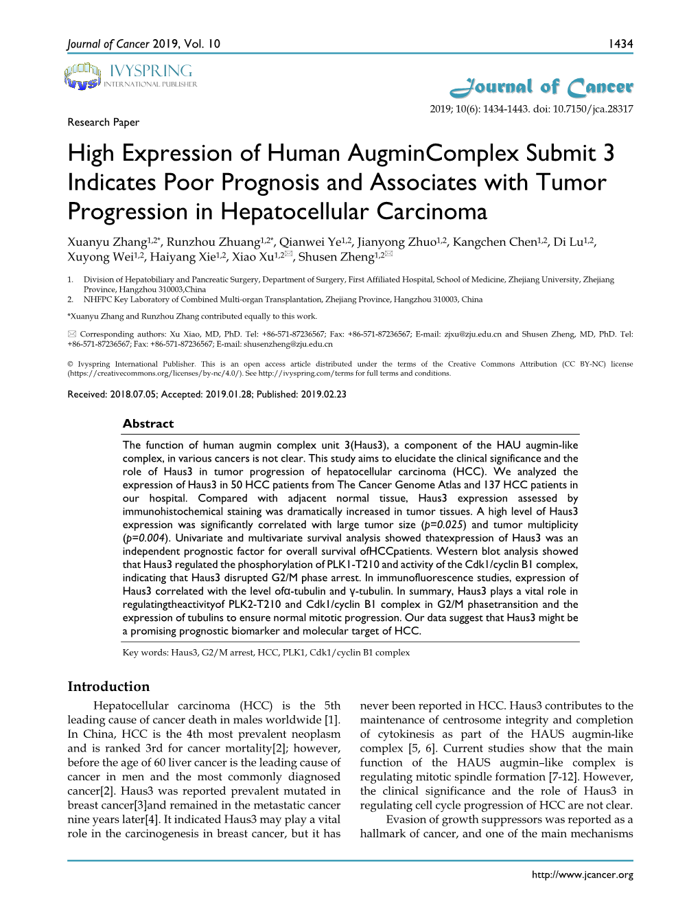 High Expression of Human Augmincomplex Submit 3 Indicates Poor Prognosis and Associates with Tumor Progression in Hepatocellular